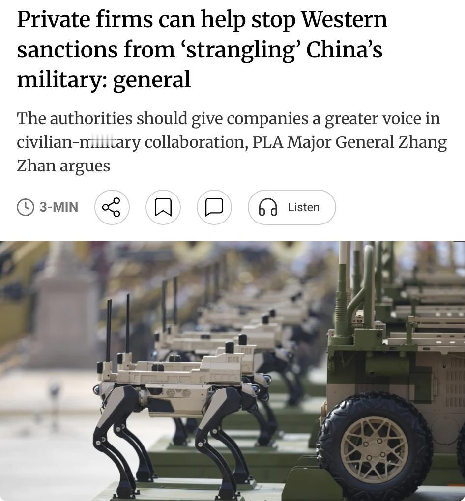 外媒：中国军方将领：引入民营企业参与军事研发，突破西方"绞杀式"制裁

中国国防