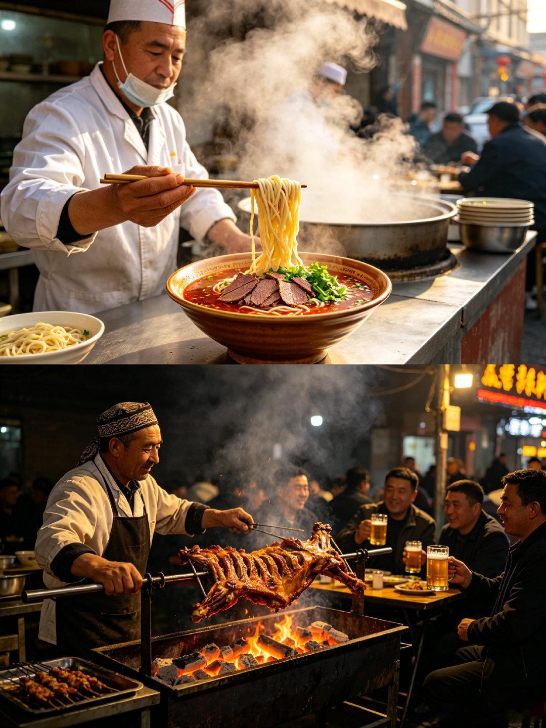 西北风味落金城金城兰州的灵魂从一碗牛肉面开启，一清二白三红四绿五黄，牛骨浓汤配劲