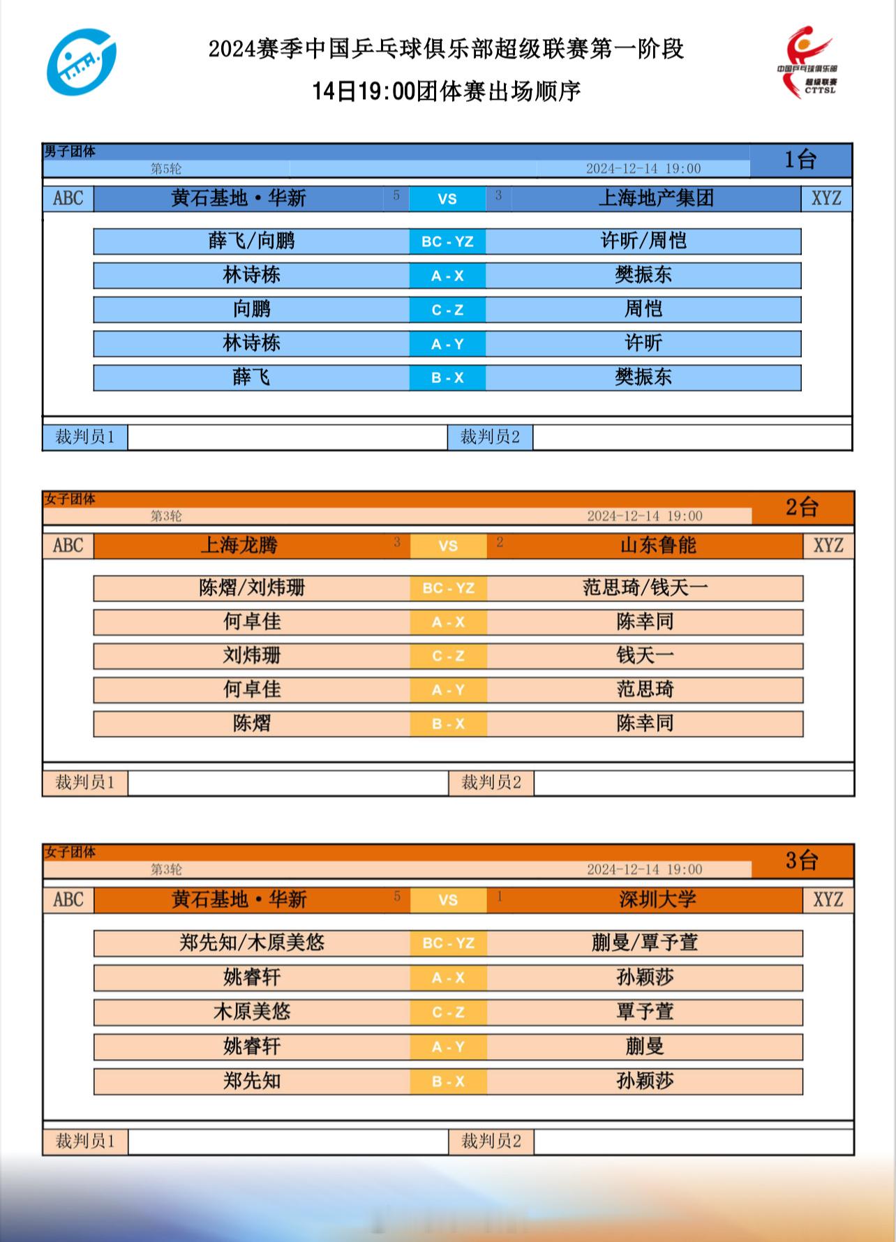 2024乒超联赛  继续进行，晚间时段出场顺序如图。樊振东和林诗栋的遭遇战受人瞩