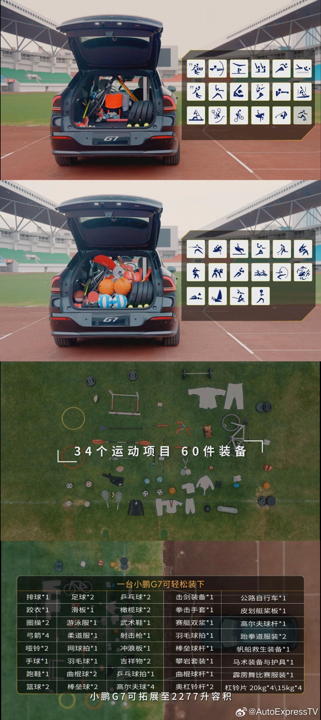小鹏G7把34个运动项目的装备全装上了运动不只是运动员的专长，也是每个家庭的游乐