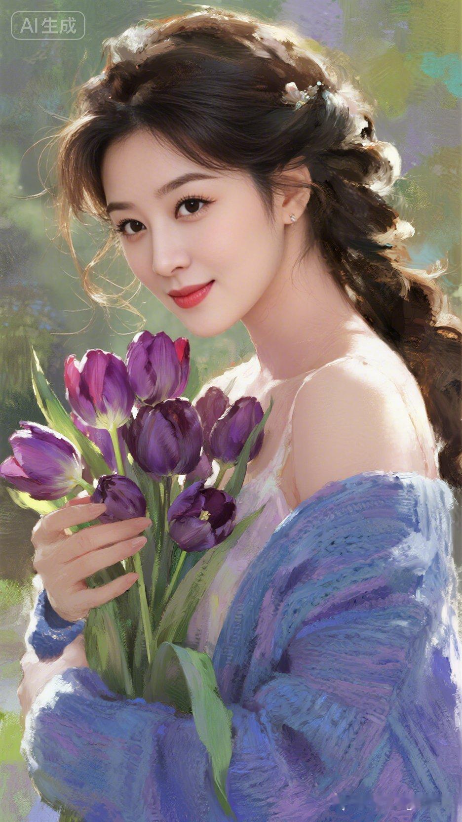 温柔少女与紫色郁金香，春日浪漫气息扑面而来🌸💕