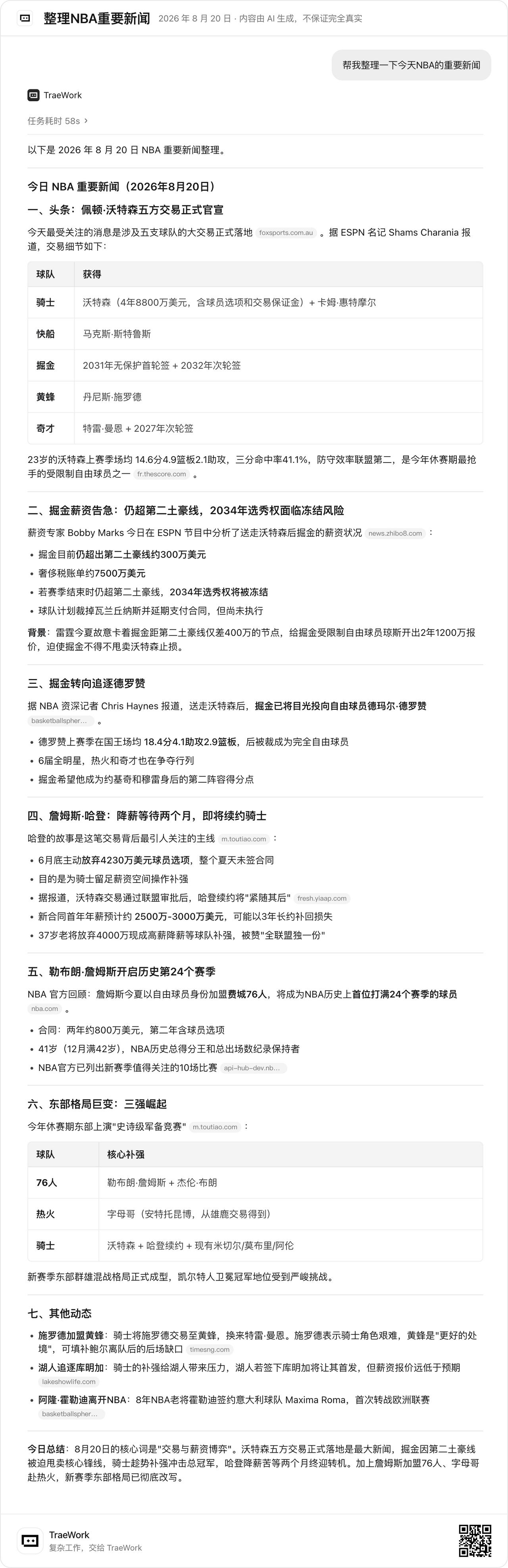 分享一款头条自研新工具 TRAE。日常做 NBA 内容创作，我借助它快速梳理当日