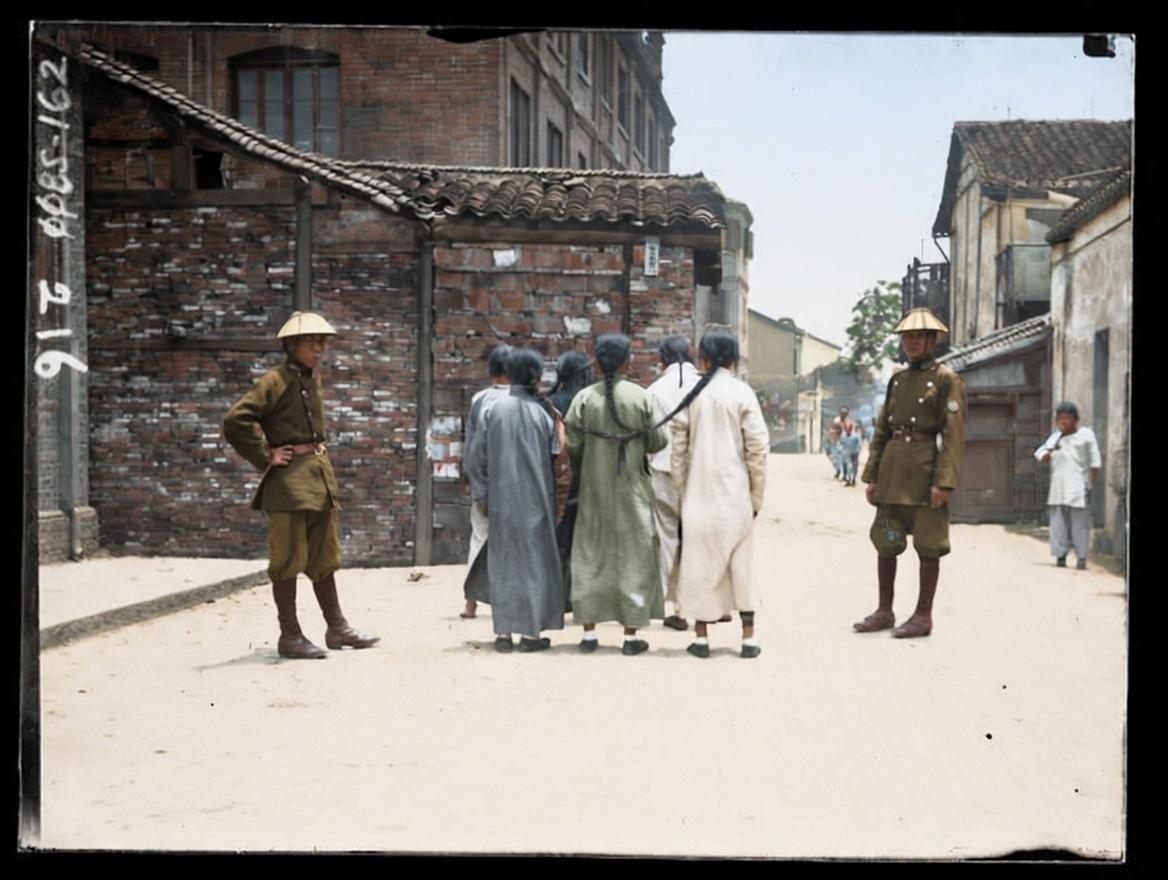 这张照片拍摄于1902年的上海租界，几名身着长衫、留着长辫的男子，被押解在街头。