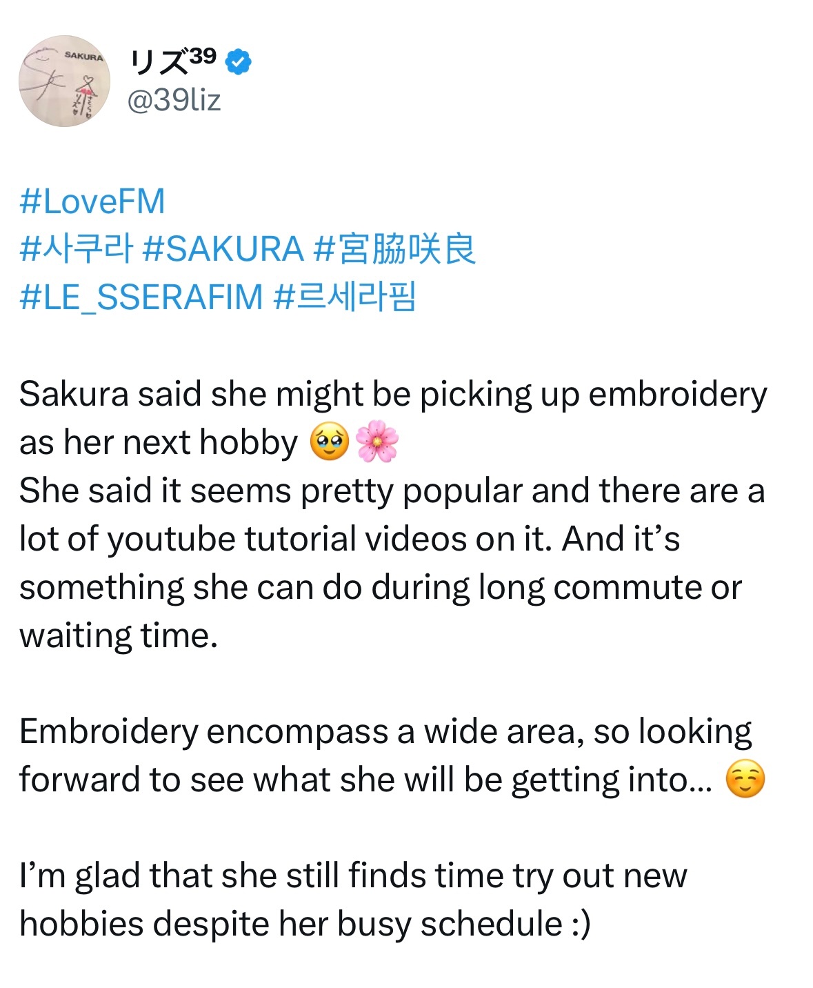 Love FM宝宝说可能会选择刺绣作为下一个爱好🤔 “刺绣似乎很受欢迎，YTB