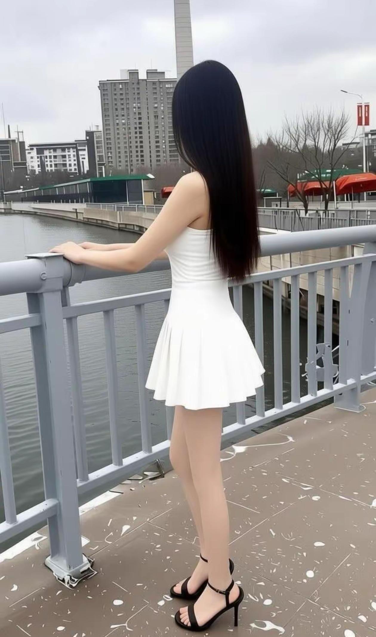 优雅白裙，倚栏远眺，城市风光尽收眼底。