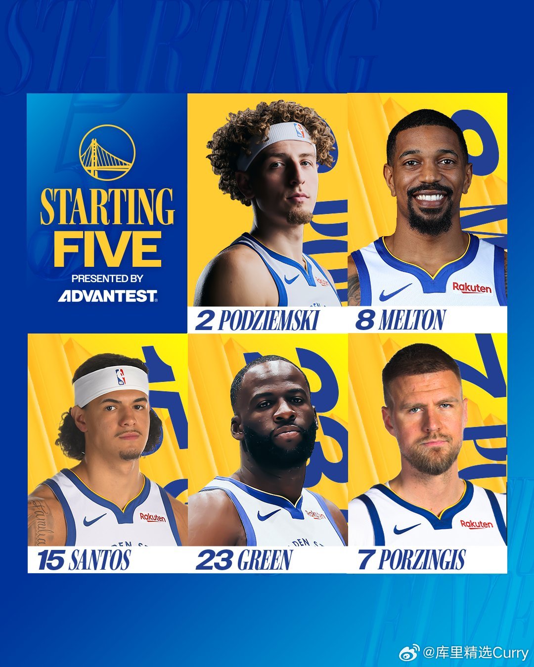斯蒂芬·库里今晚将替补出场。首发阵容：波杰姆斯基、梅尔顿、桑托斯、格林、波尔津吉