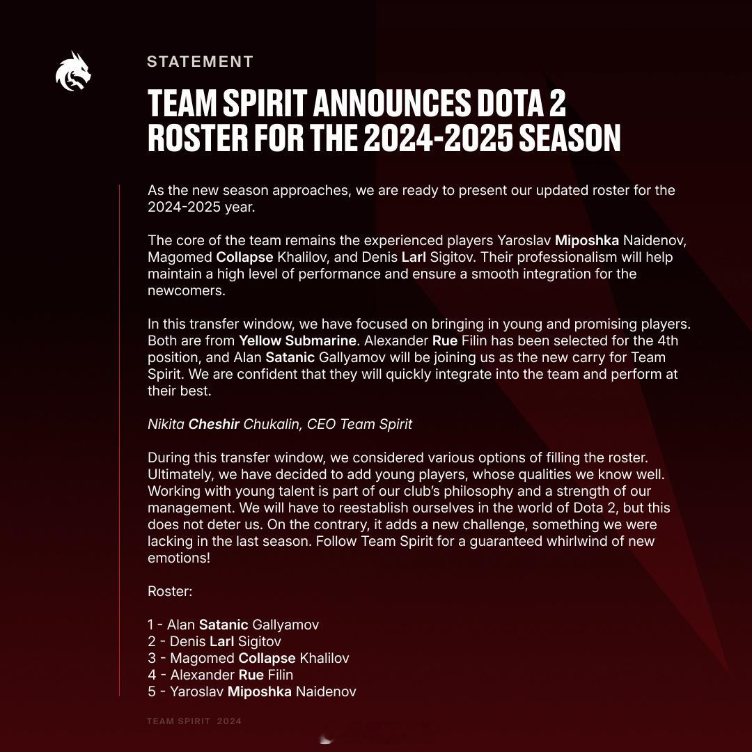 Team Spirit公布新赛季阵容#dota2##dota2选手转会信息汇总#