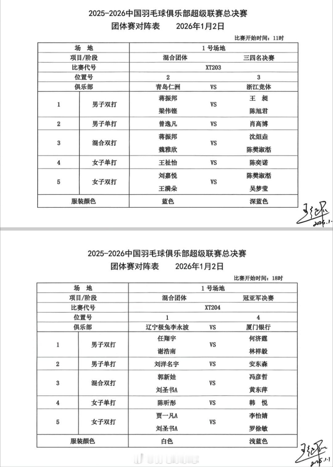 羽超联赛决赛、3/4名对决阵容羽超联赛