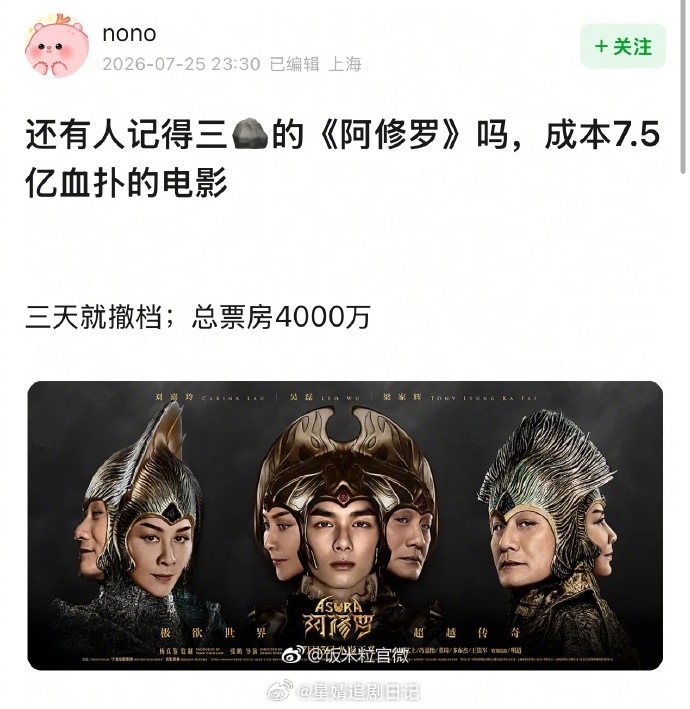 真的假的？吴磊上一部撤档的电影《阿修罗》成本7.5亿，上映三天就撤档，总票房40