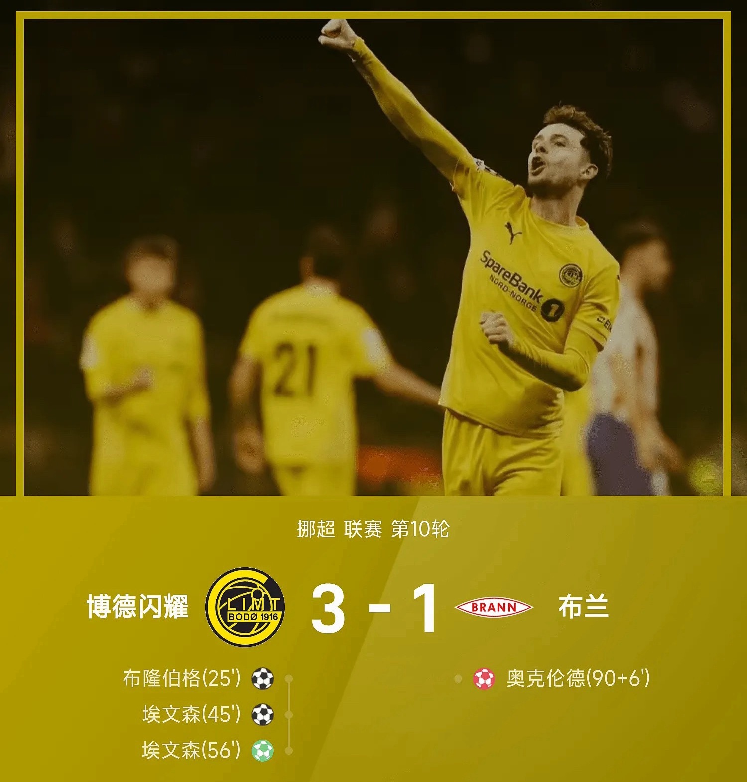 26赛季挪超联赛第10轮，博德闪耀3-1战胜布兰。上半场布隆伯格吊射率先打破僵局