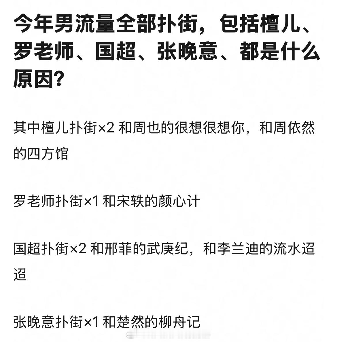 今年男流量的剧集体扑街：檀健次和周也的《很想很想你》和周依然的《四方馆》罗云熙和