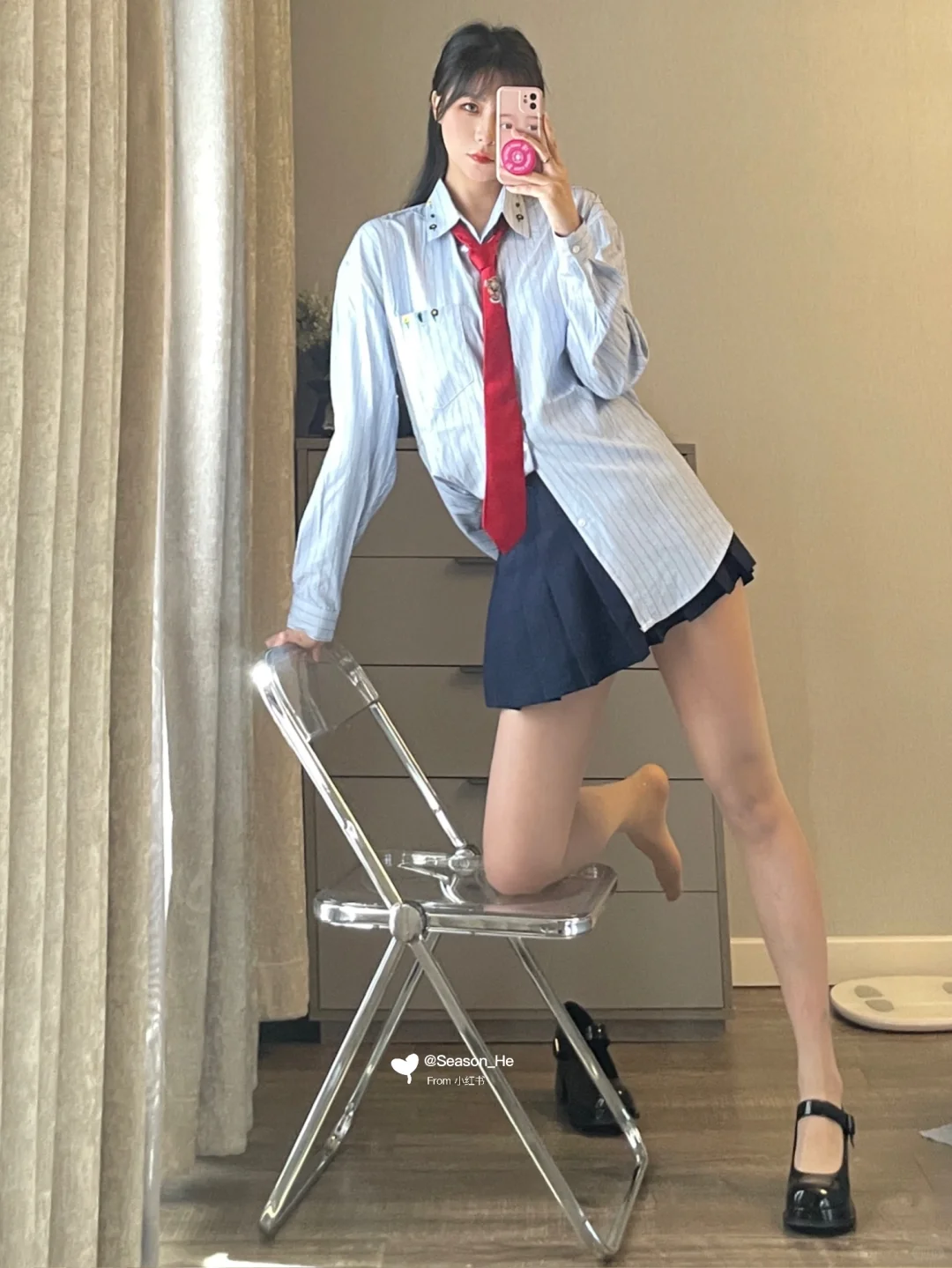 168/108斤 蓝色衬衫穿搭 今天是隔壁班学姐