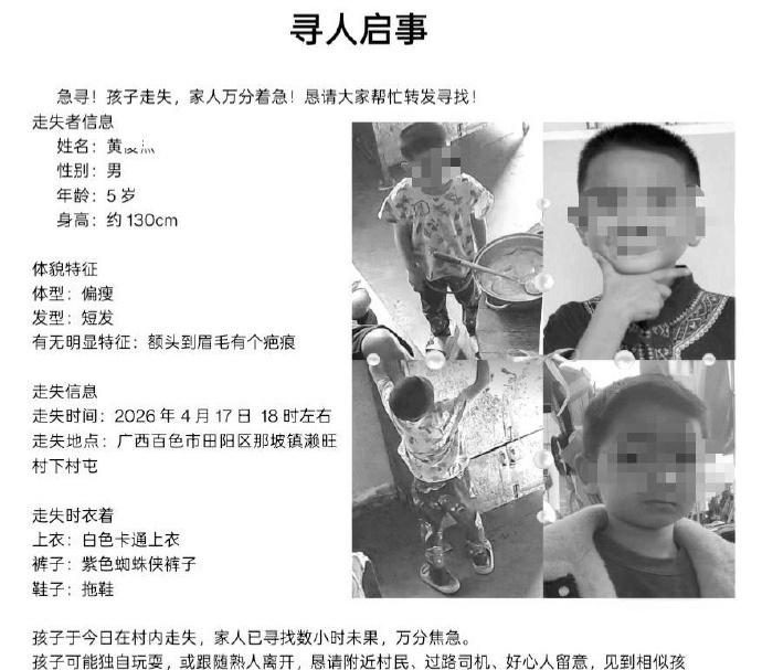 据家属发布的寻人启事显示，走失男童名叫黄某杰，4月17日18时许在百色市田阳区那