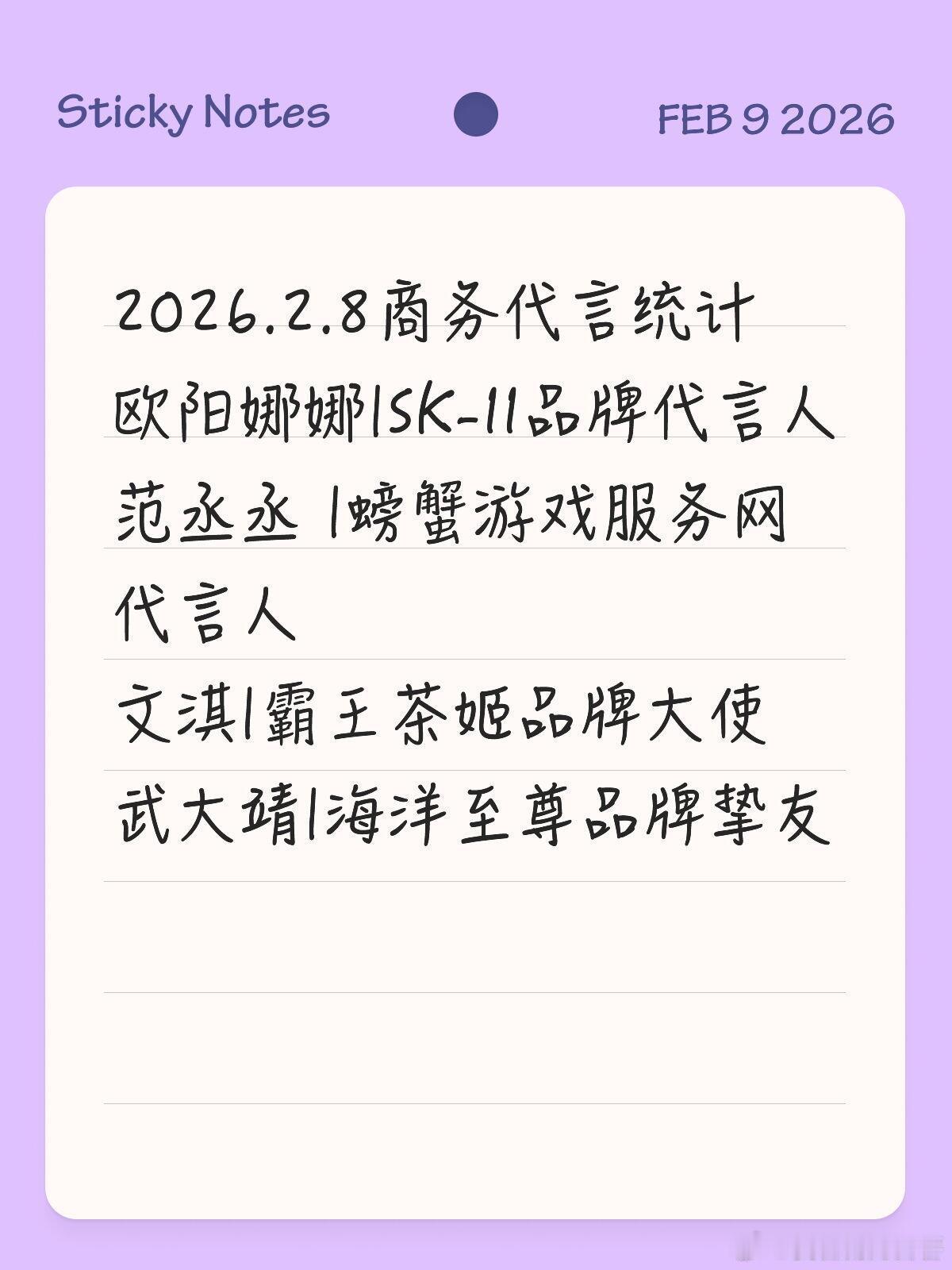 2026.2.8商务代言统计欧阳娜娜 SK-II品牌代言人范丞丞  螃蟹游戏服务