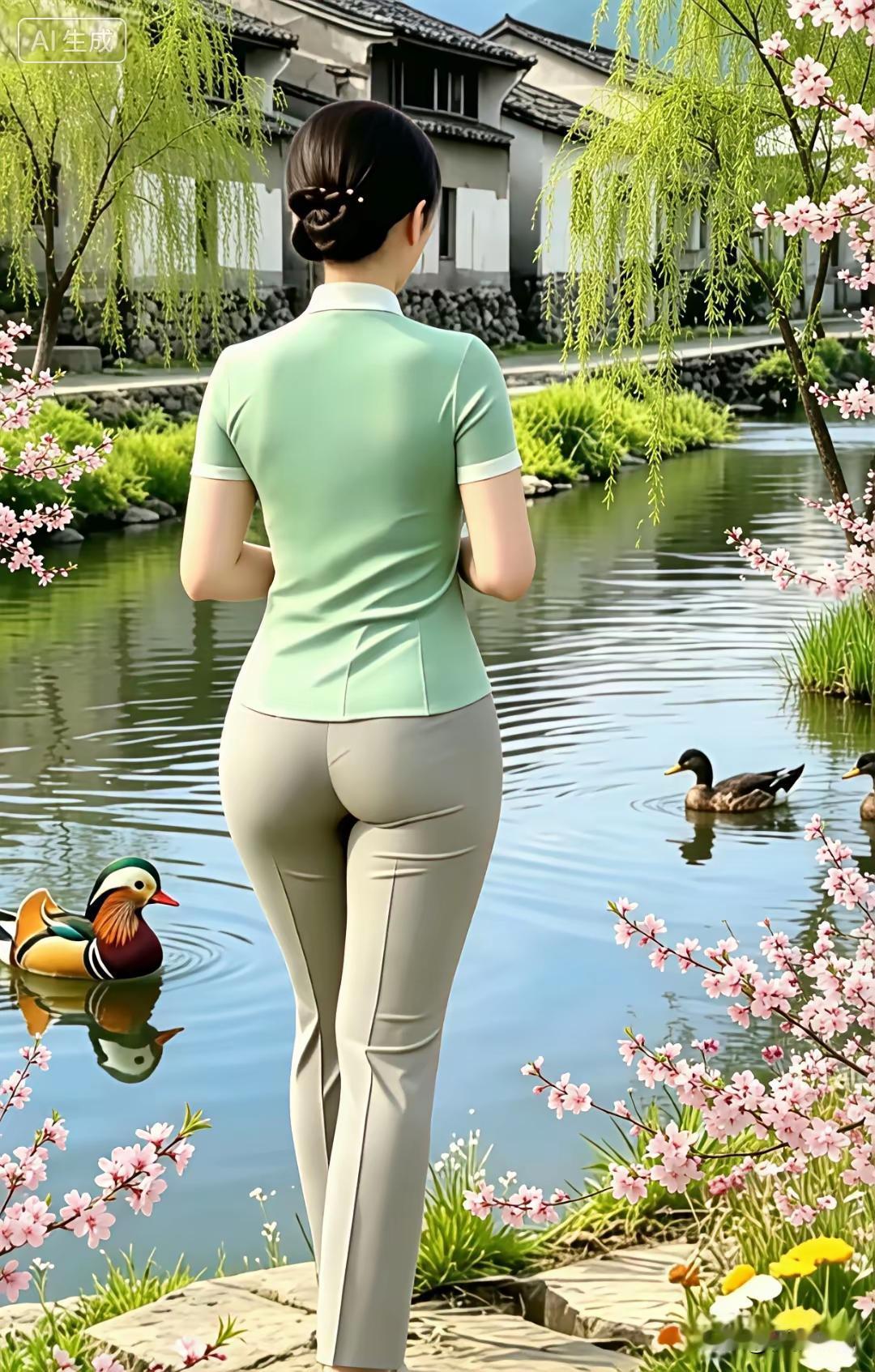 一个穿绿衫的女士在湖边欣赏风景。