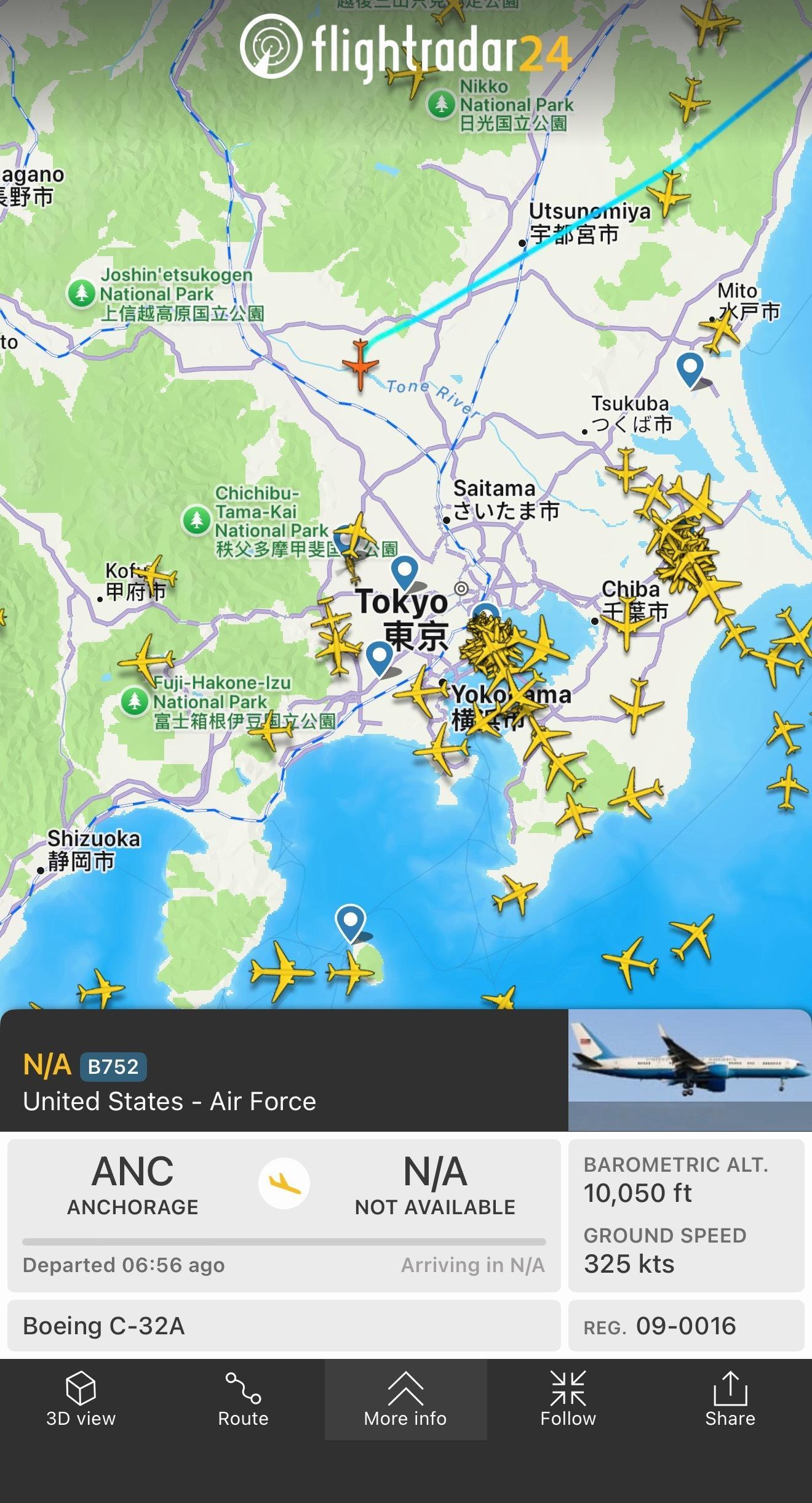 特朗普访华机队已抵达日本空域HANK99 在日本东侧的海域上要员僚机 C-32A