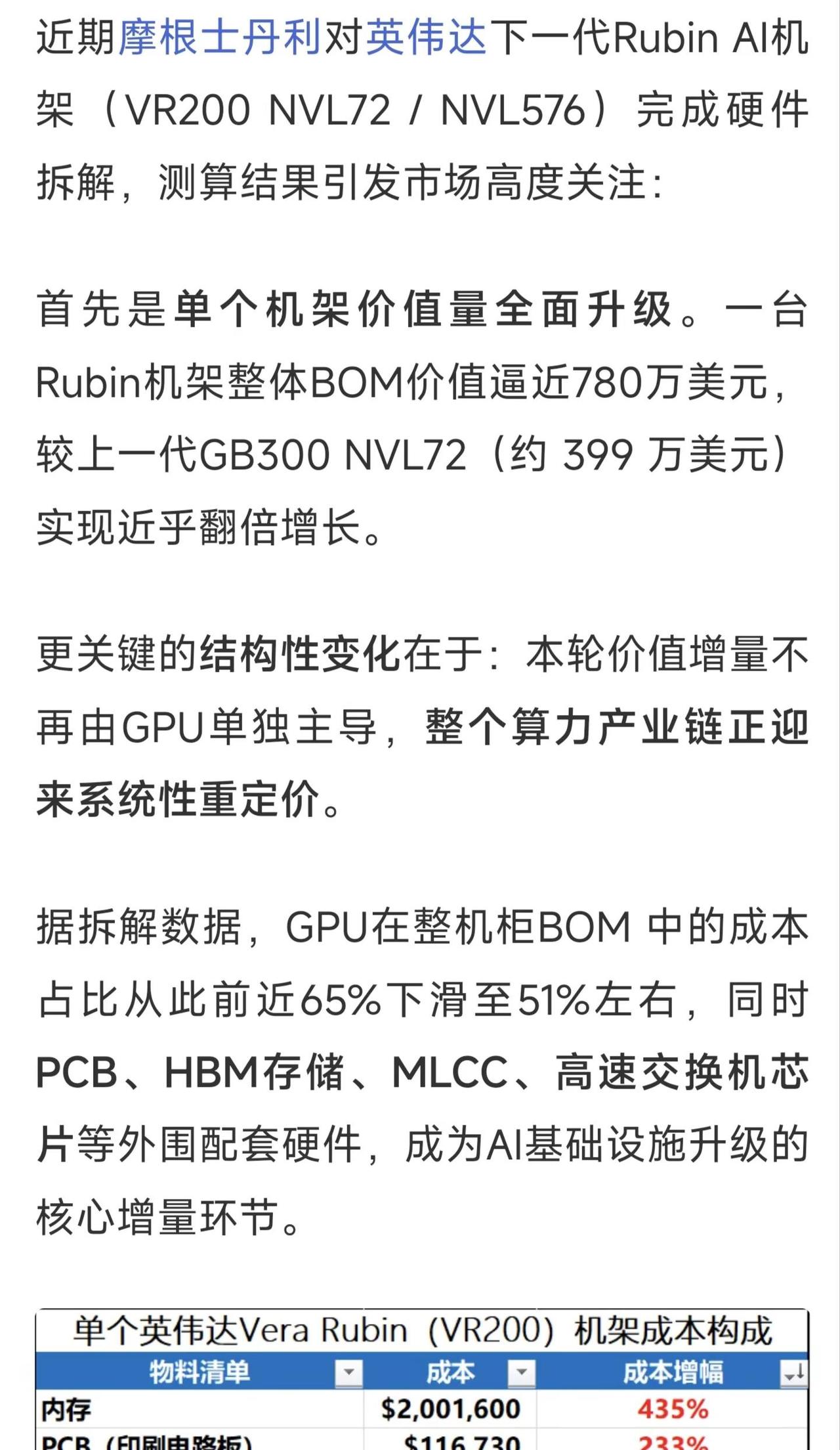 英伟达Rubin机架。近期摩根士丹利对英伟达下一代Rubin Al机架（VR20