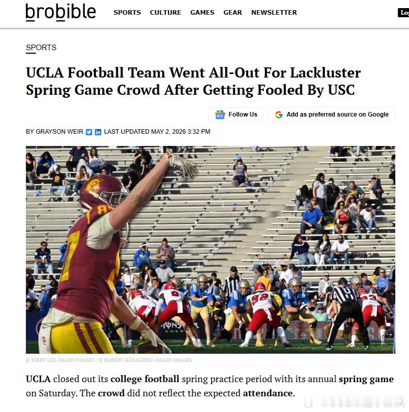 相爱相杀，USC球迷捣乱UCLA橄榄球队的春季赛。UCLA今年的春季赛收到了超过