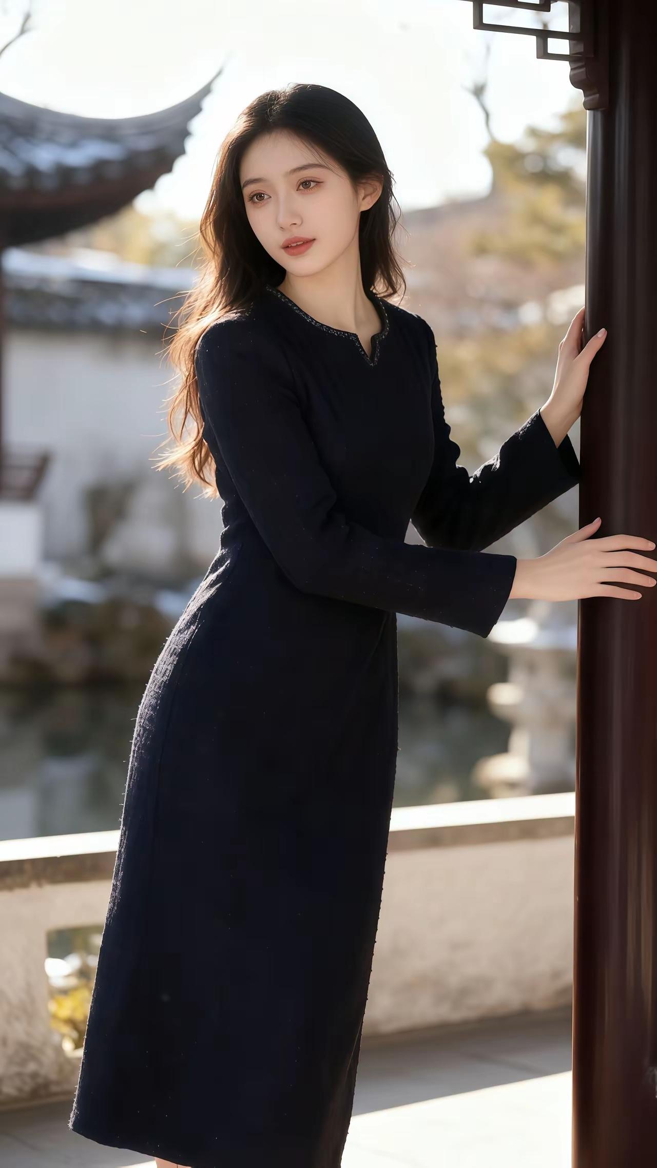 古风少女倚栏望，静谧庭院映秋光。