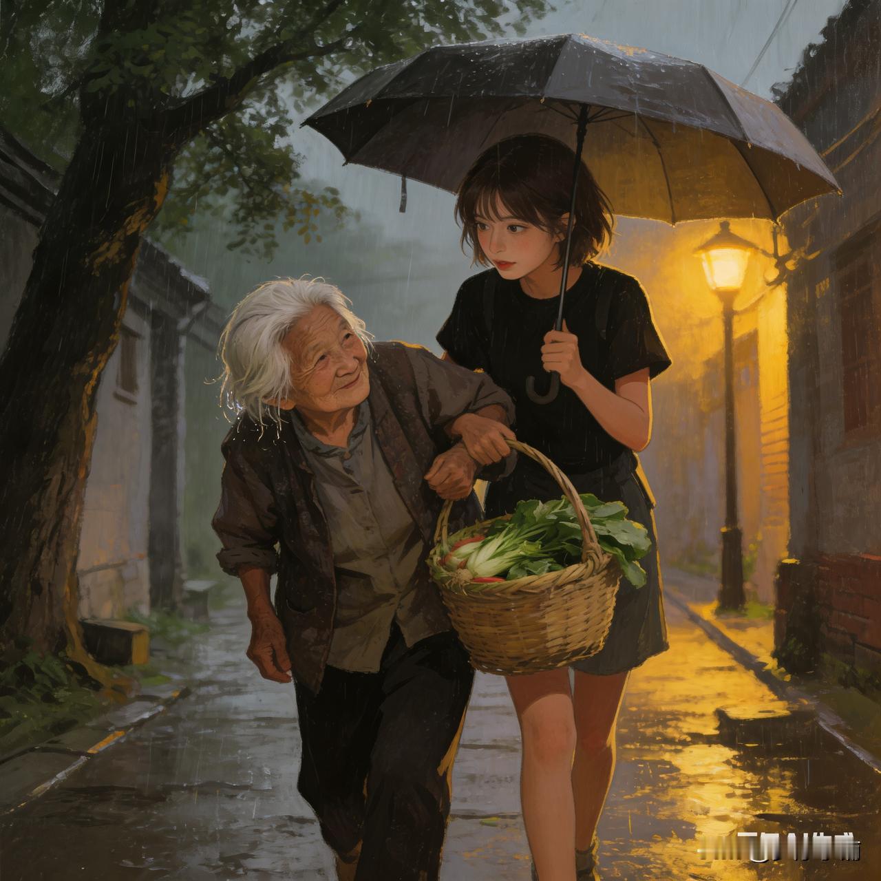 下班时，天忽然阴了。雨点砸下来的时候，我正走到巷口那棵老槐树下。跑是来不及了，索