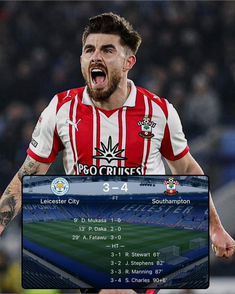 半場領先3粒，完場倒輸3-4，稱讚一下修咸頓嘅神奇，同時都幾擔心輸波嘅李斯特城。