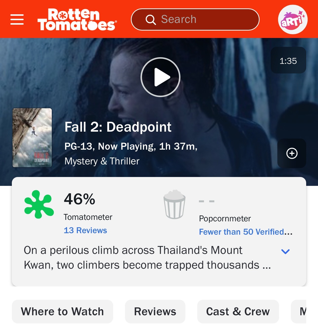 明天在内地上映的《坠落2: 死点》媒体评分出炉，烂番茄新鲜度46%，MTC评分5