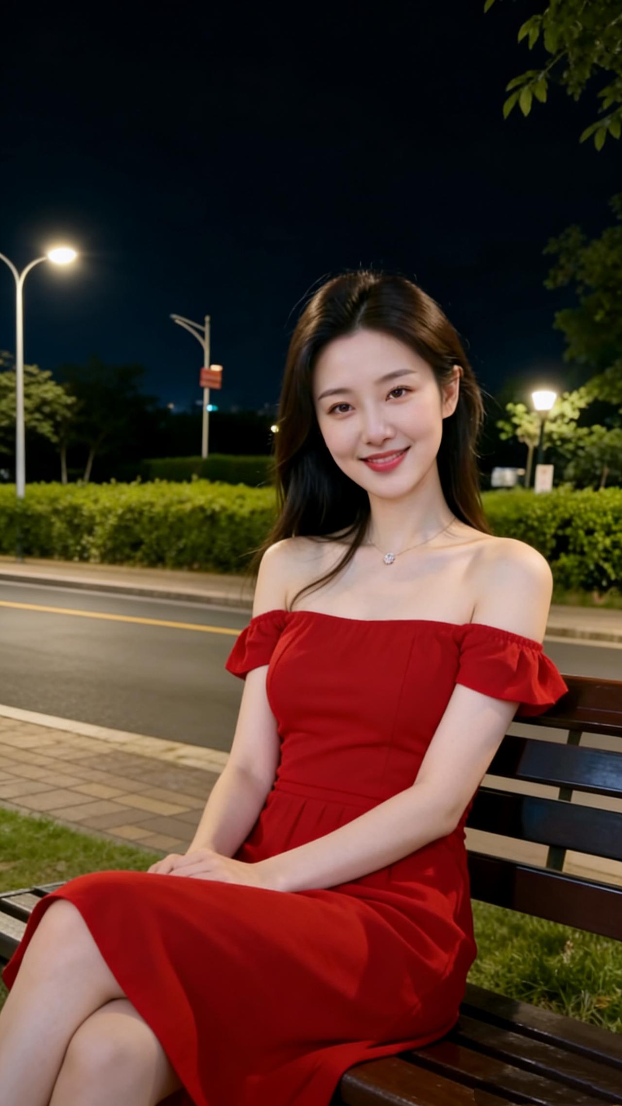 《晚风裹红裙》
 
夏夜晚风卷着草木的清芬，漫过街边长椅时，轻轻笼住那袭红裙。