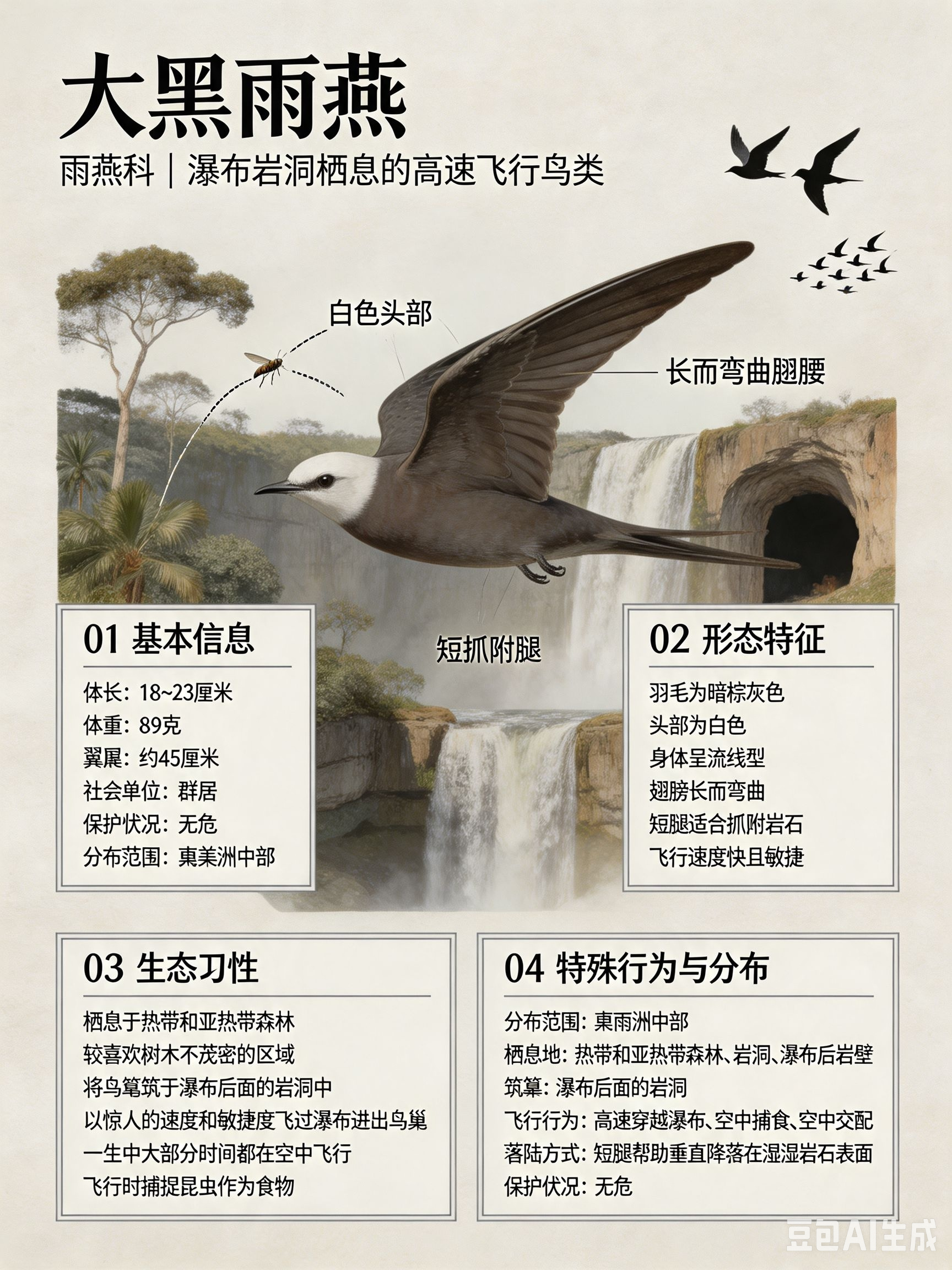 鸟类朋友图鉴 大黑雨燕体长：18~23 厘米体重：89 克社会单位：群居保护状况