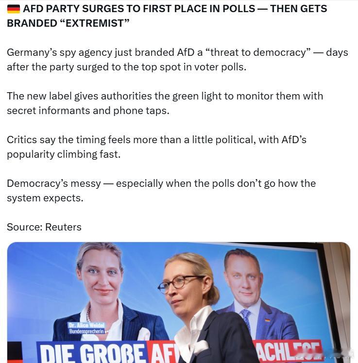 德国情报机构刚刚将选择党（AfD）定性为“对民主的威胁”——就在该党在民调中飙升