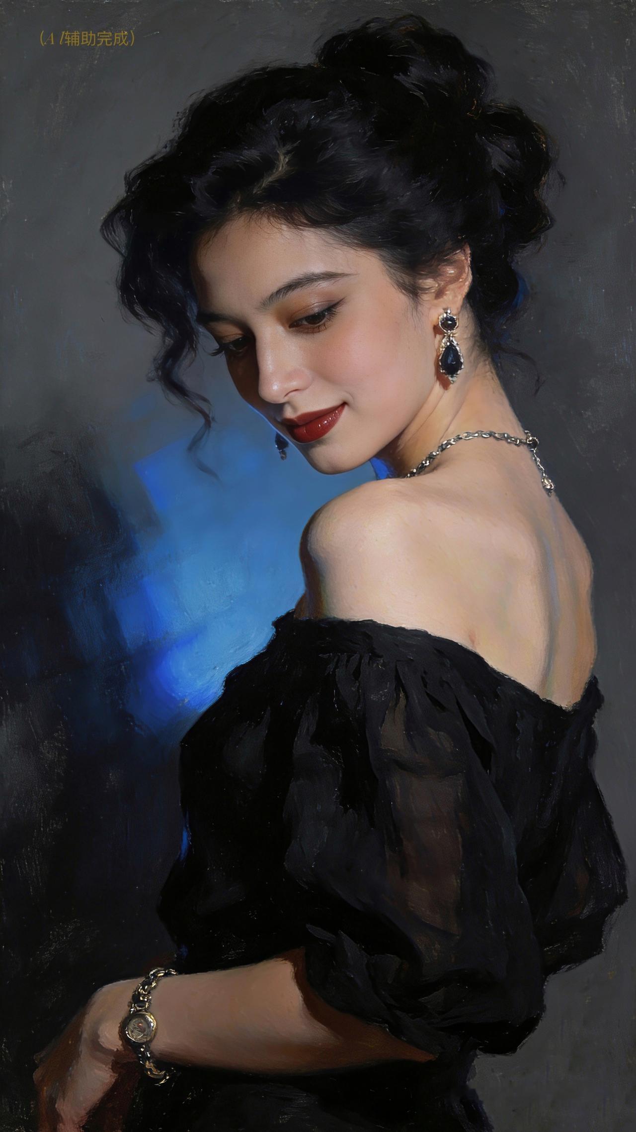 黑纱如夜雾垂落，卷发挽成风情弧度。侧眸刹那，颈间银链与蓝调光影缠绵，红唇燃焰，每