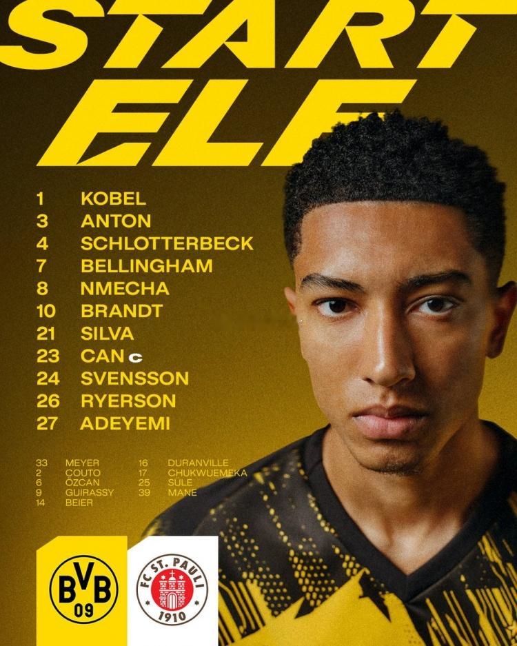 多特首发：法比奥·席尔瓦单前锋，布兰特、小贝林厄姆出战足球 1月17日讯 德甲第