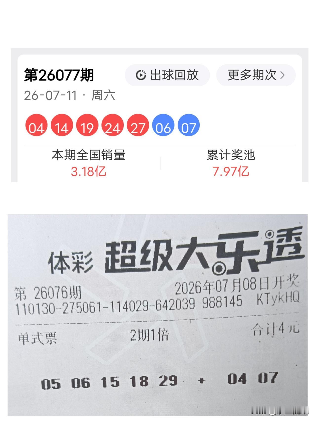 玩大乐透感觉被主任针对了！就说我选号，后区要的是 04、07，结果前区 4 尾出