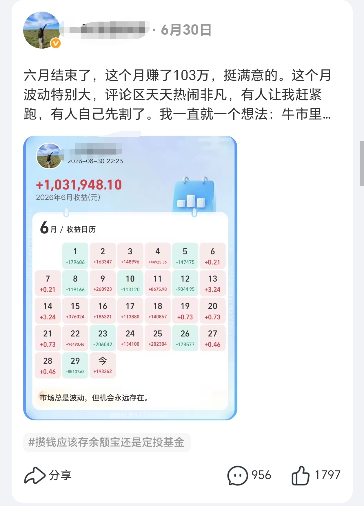 一个B友前脚分享了6月赚了100万昨晚休市后就分享了7月第二天累计亏了50万“一