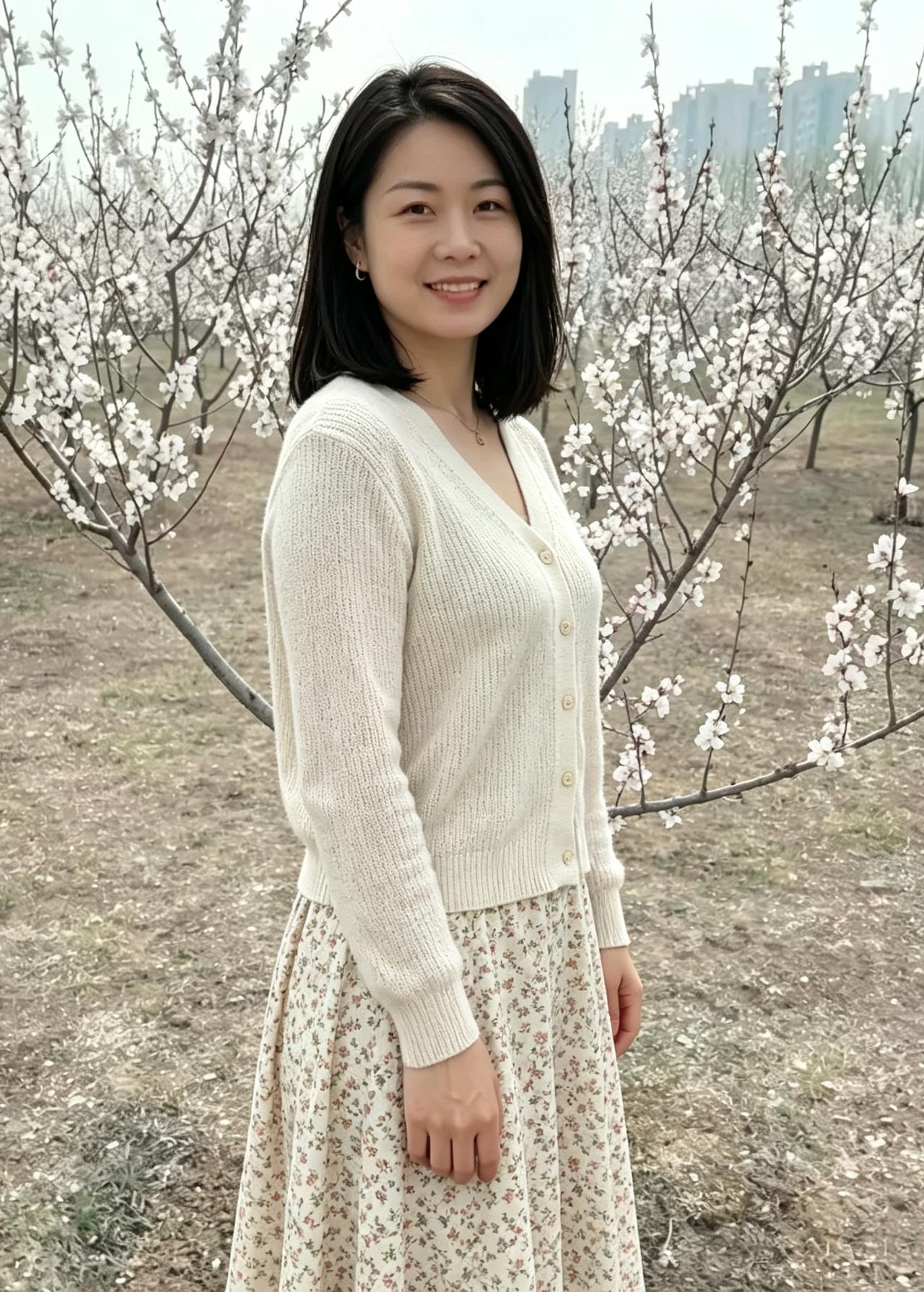 杏树千枝雪作团，佳人含笑立芳园。
风牵衣袂香盈袖，一顾春山尽是欢。