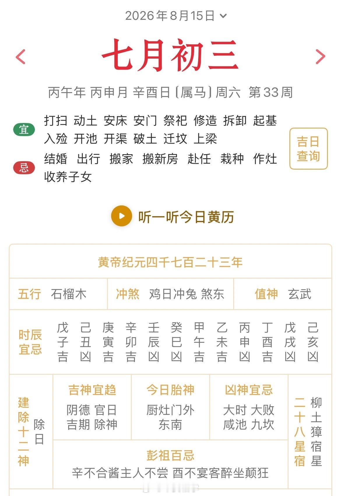 十二生肖每日简运 仅供参考2026.8.15丙午年丙申月辛酉日辛酉天克地冲乙卯：