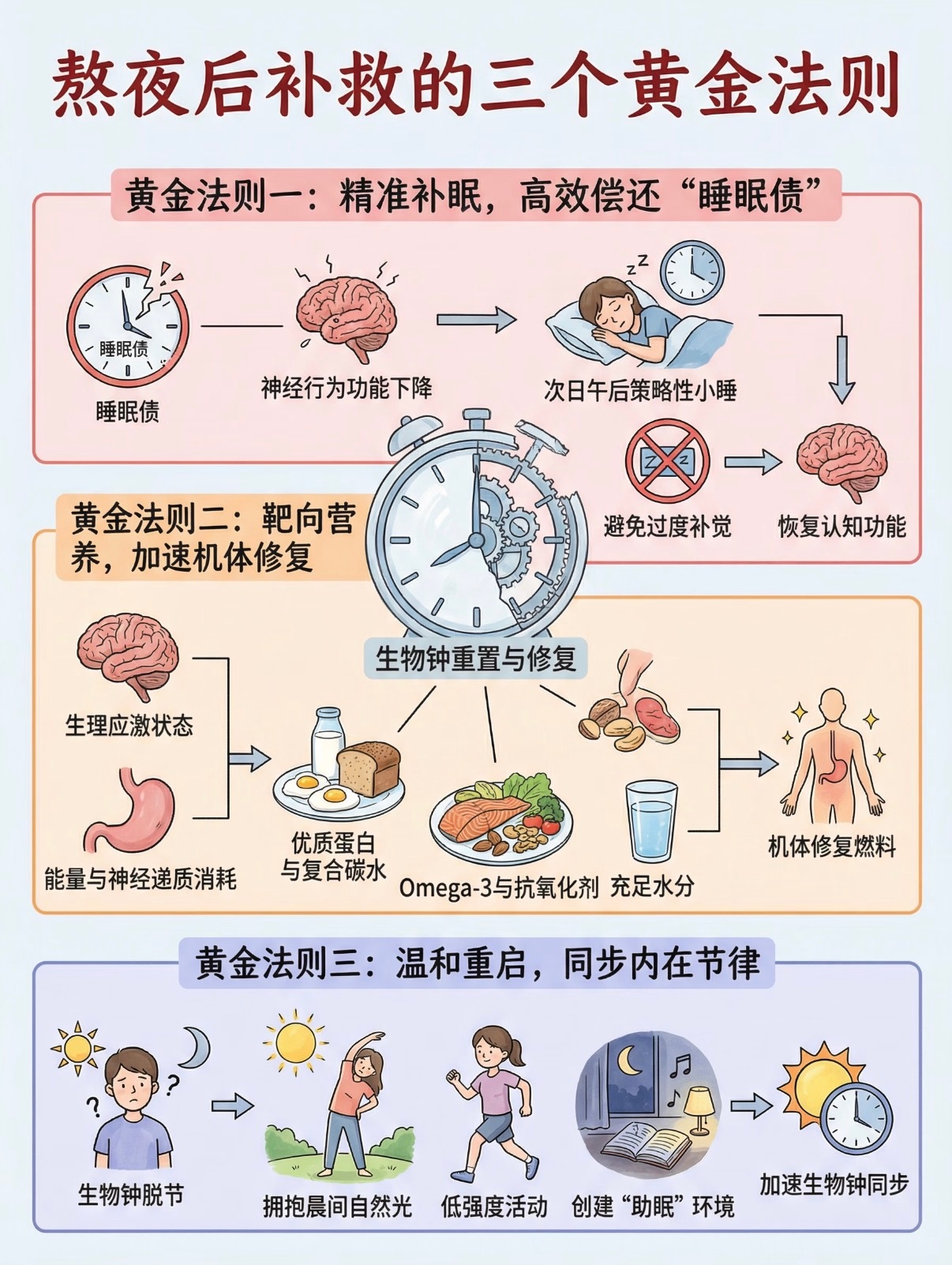 医生推荐的熬夜后补救方法昨晚又双叒叕熬夜了？不用慌！😴看了这张熬夜补救图，总结