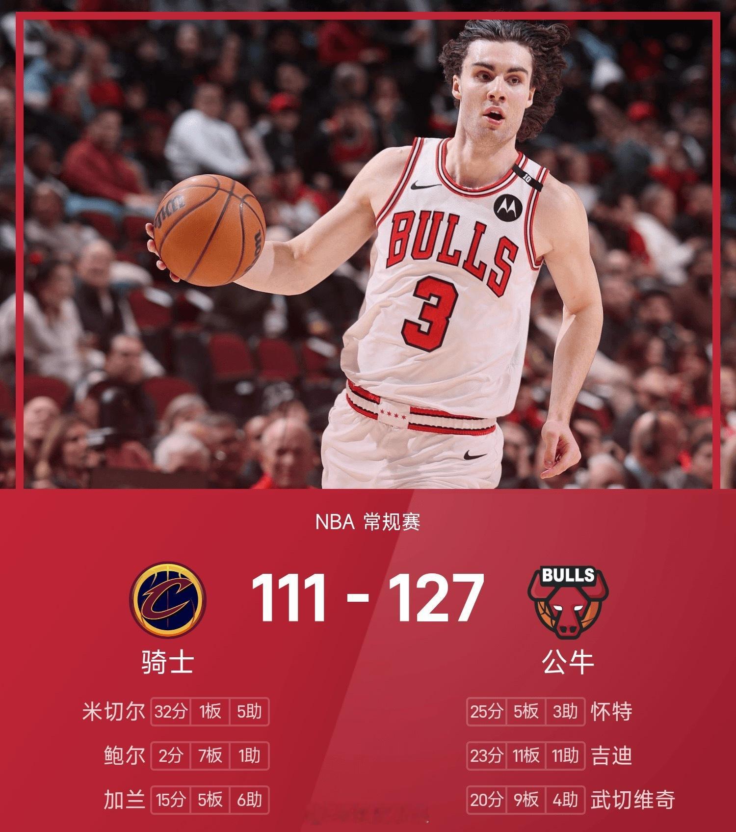 25/26赛季NBA 常规赛，公牛对阵骑士。双方全场战罢，公牛127-111战胜