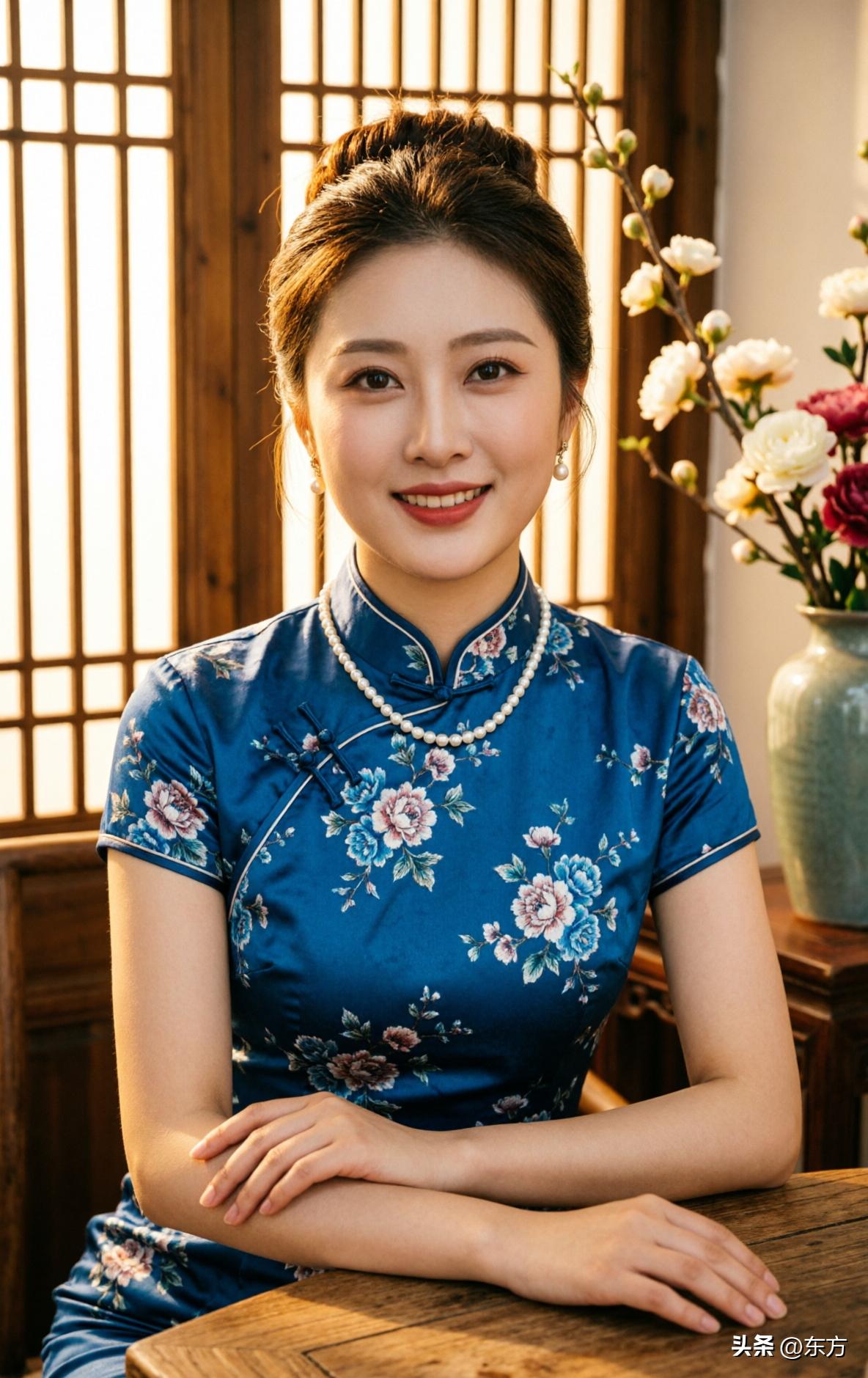 优雅蓝花旗袍，东方美人韵味