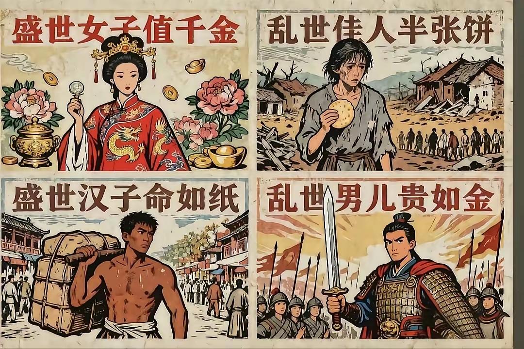 这就是女人和男人不同时代的区别吧。
和平年代女人值签金。
乱世半张饼……
和平年