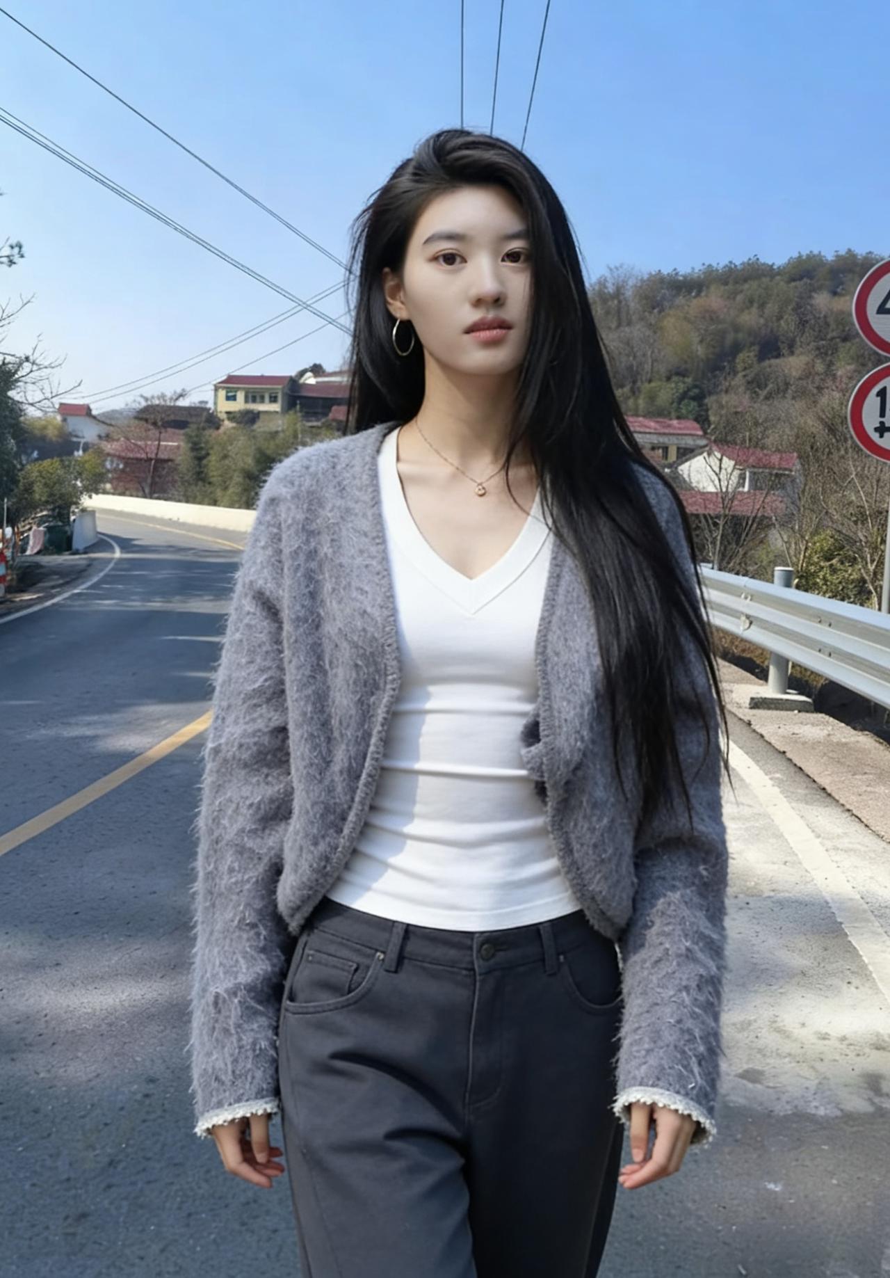 晴川如练草如茵，少女独行陌上春。
灰氅轻披笼玉骨，白衫斜露映朱唇。
耳环摇落天边