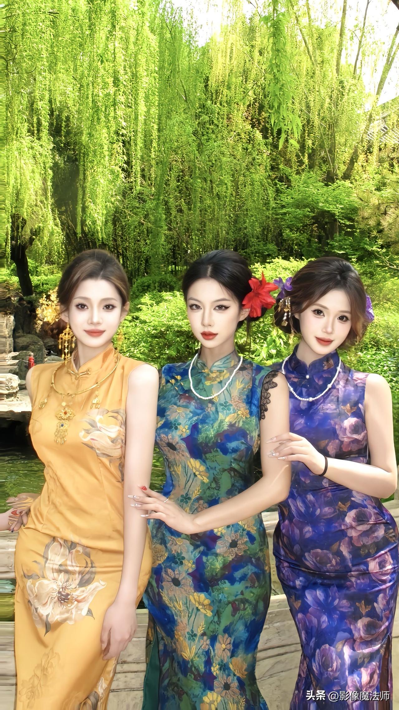 三色旗袍同框，各有各的韵味。旗袍 提花暗红旗袍 淡蓝旗袍照