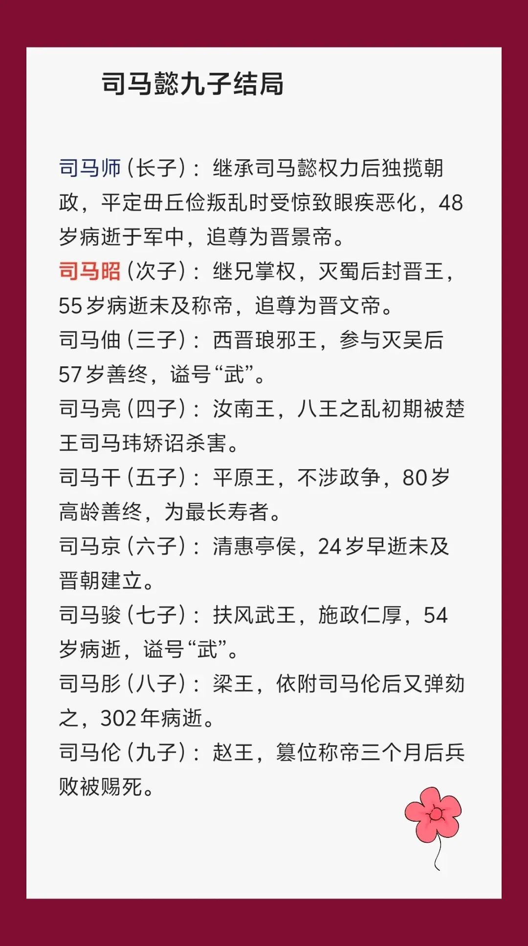 司马懿九子结局。善终者：司马伷、司马干、司马骏、司马肜（4人）。 非正...