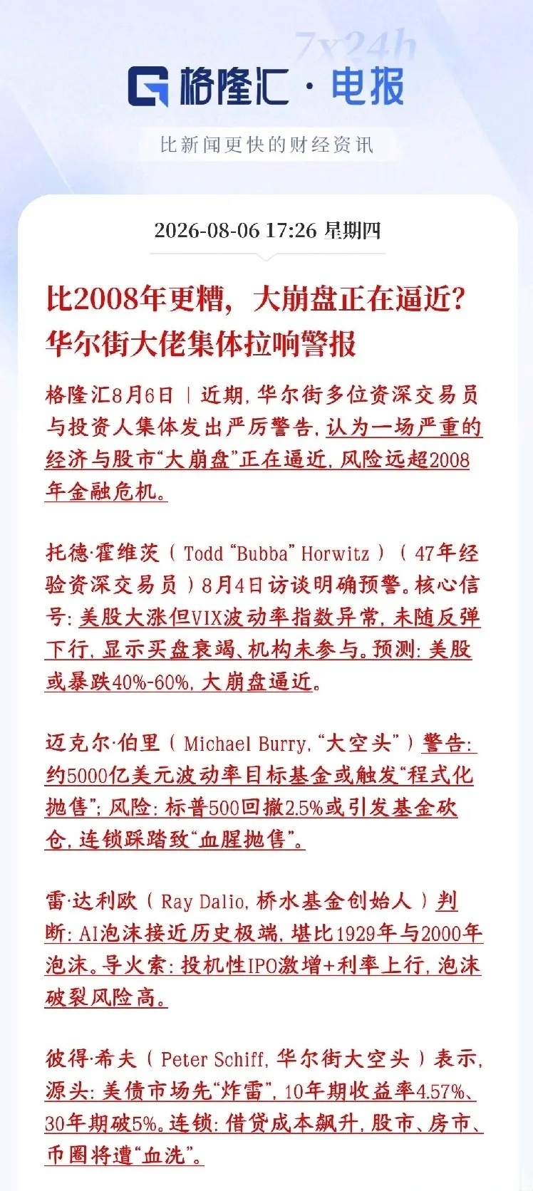 重磅预警：华尔街大佬集体上调市场风险评级，警告本轮调整冲击或大于2008金融危机