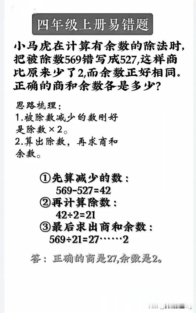 四年级上册数学——错中求解
被除数看错减少的是除数的2倍。