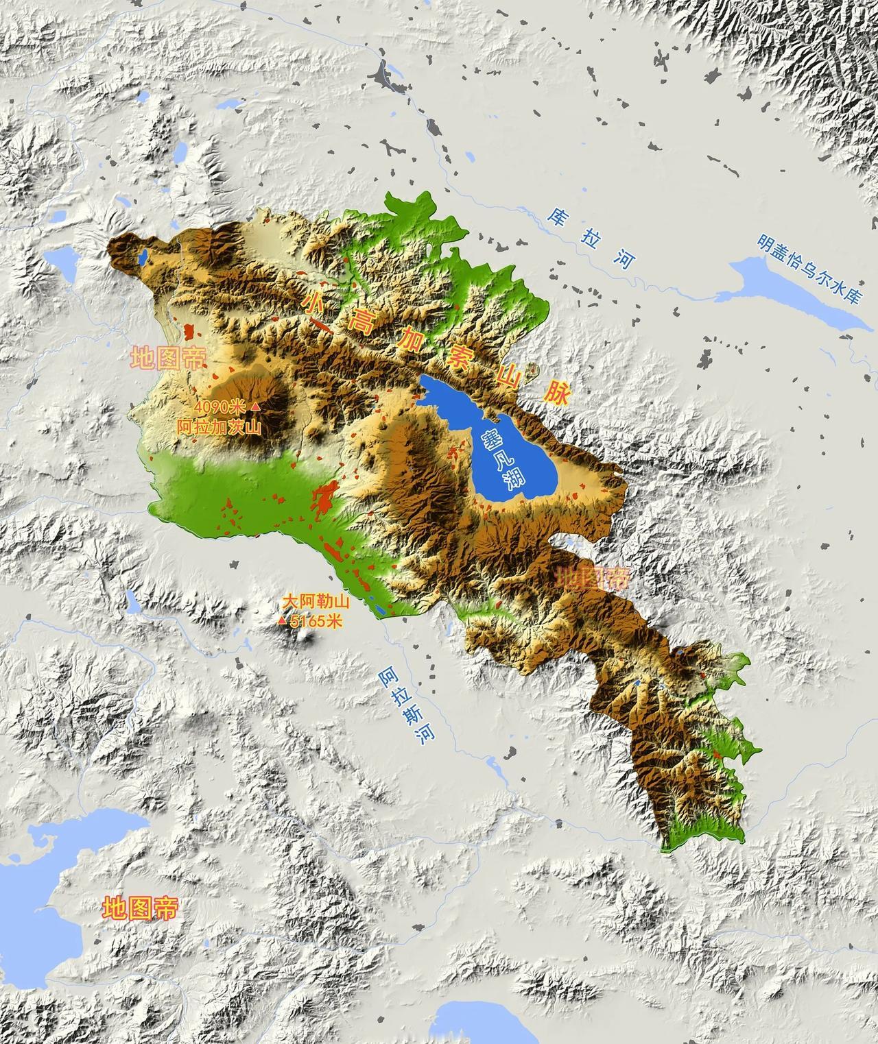 亚美尼亚地形图，国土面积接近3万平方公里，大部分都被高山环绕，仅在南部和北部分布