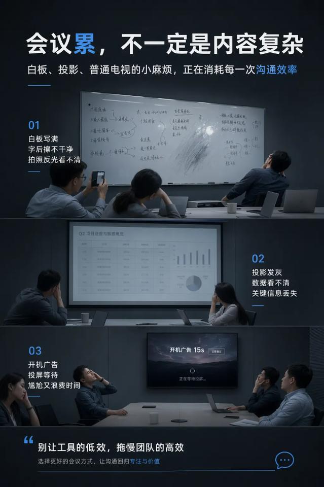 说真的以前我们开会，真没少被设备折腾！

白板看着方便，但写满了就得擦，擦之前还