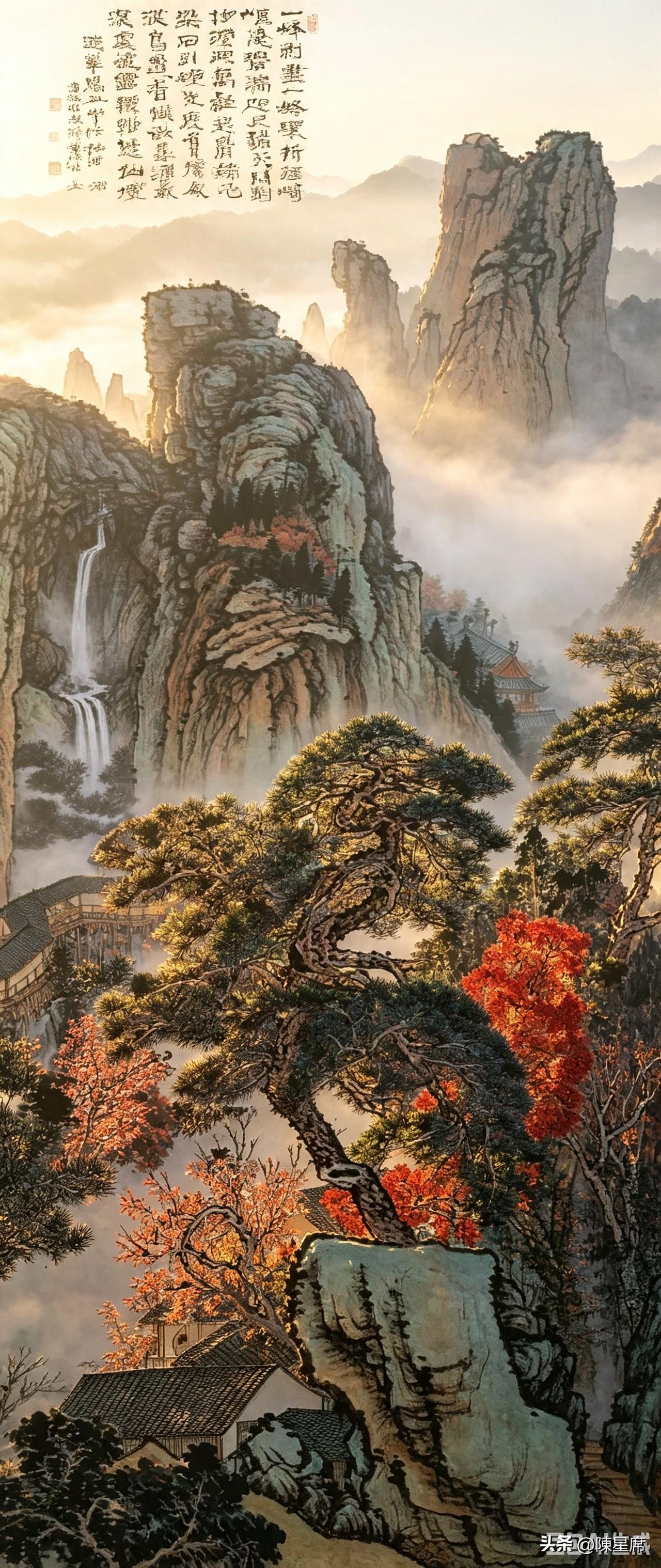 晒图笔记大赛群峰错落，云气自生。薄雾游走于山谷之间，远近山峦虚实相生。苍松立于崖