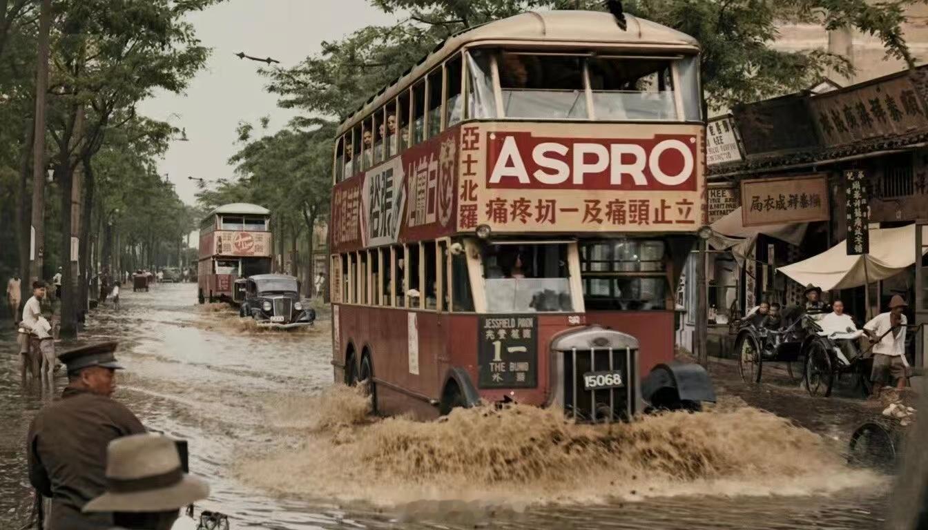 上世纪30年代的上海，画面道路因特大暴雨严重积水，三轴右舵英国进口双层巴士破浪前