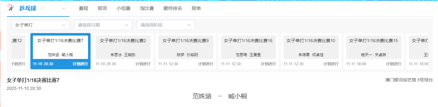 乒乓球夜间的比赛场次：20:301号台 女单1/16 朱雨玲VS孙艺祯2号台 男