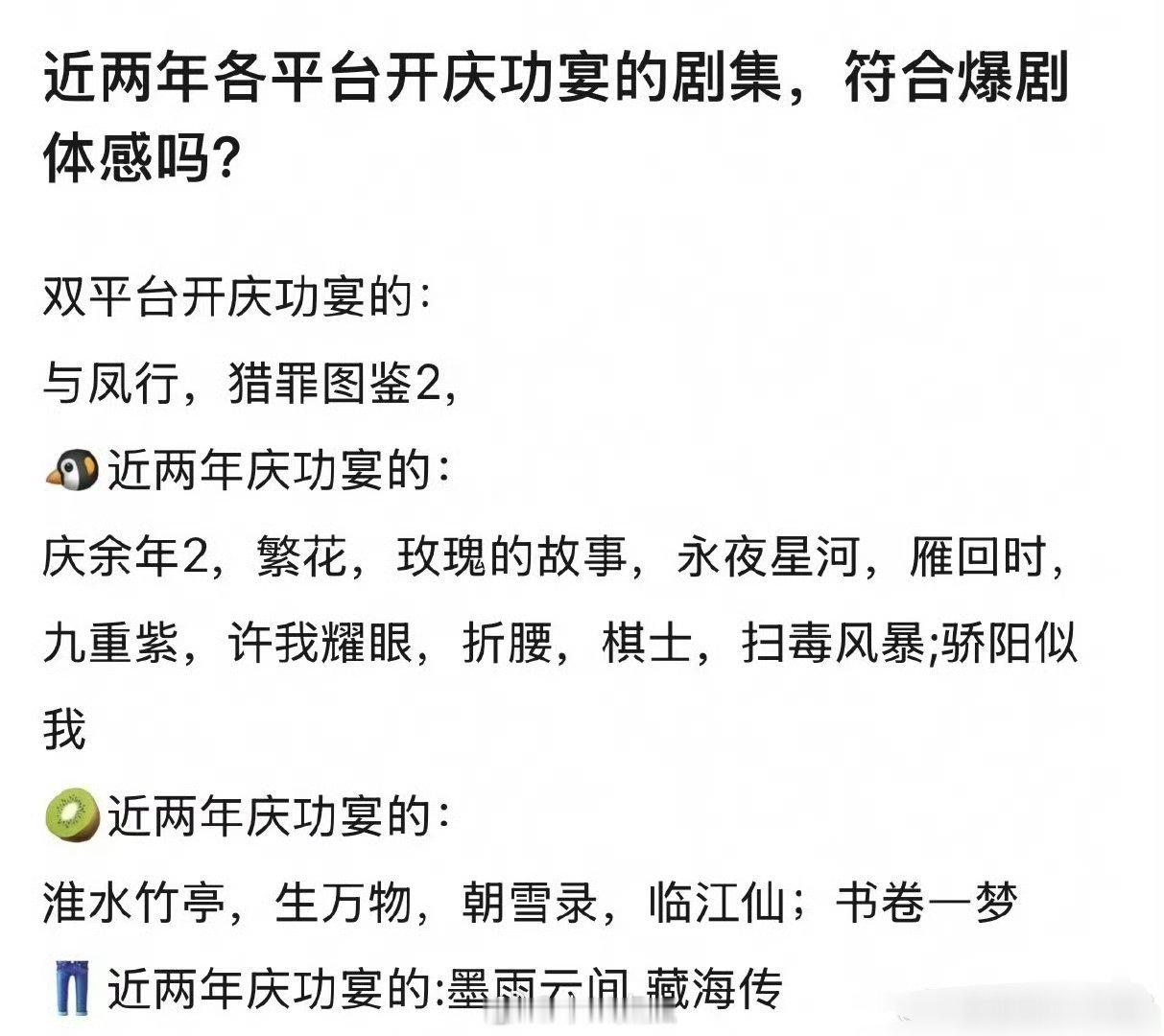 🐧👖🥝开庆功宴的剧集，你觉得哪部实至名归的爆？ 